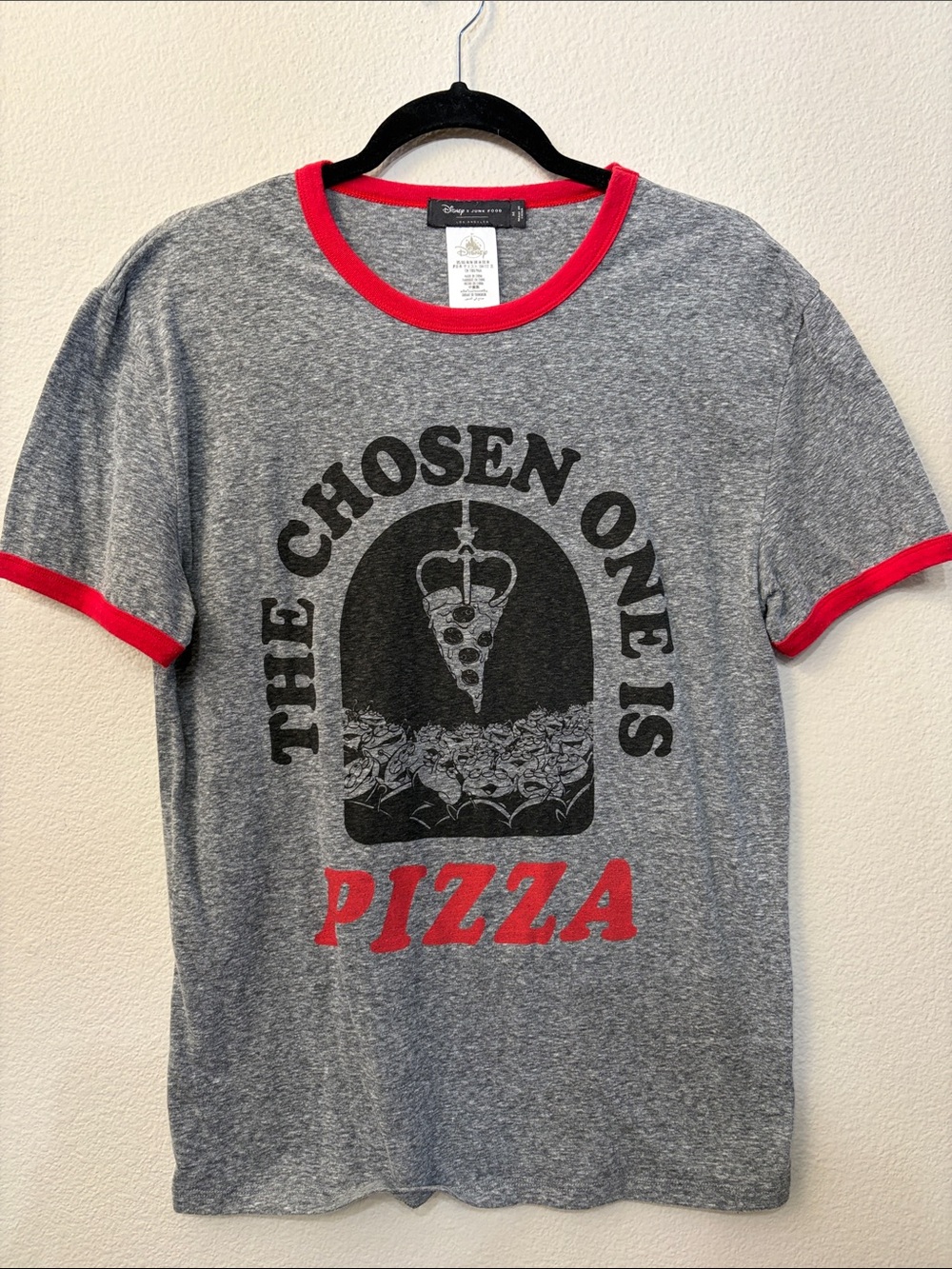 Disney Grey Ringer Tee with Red Accents and Pizza Graphic
